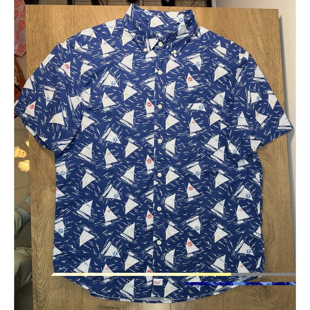 Vineyard Vines Classic Fit Murray Shirt Blue Sailboat Print Shep Ian Nautical L - Picture 2 of 8